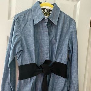 Denim Chambray Tie Front Blouse